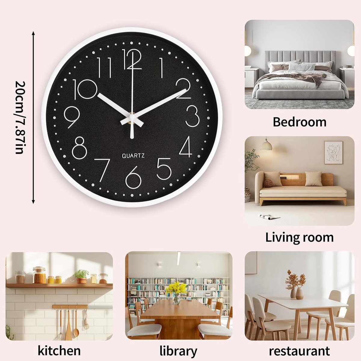 SnelShoppen - Moderne Zwarte Wandklok 20 cm, Stille Klok zonder Tikken, Geschikt voor Kantoor, Woonkamer, Keuken, School en Kinderkamer