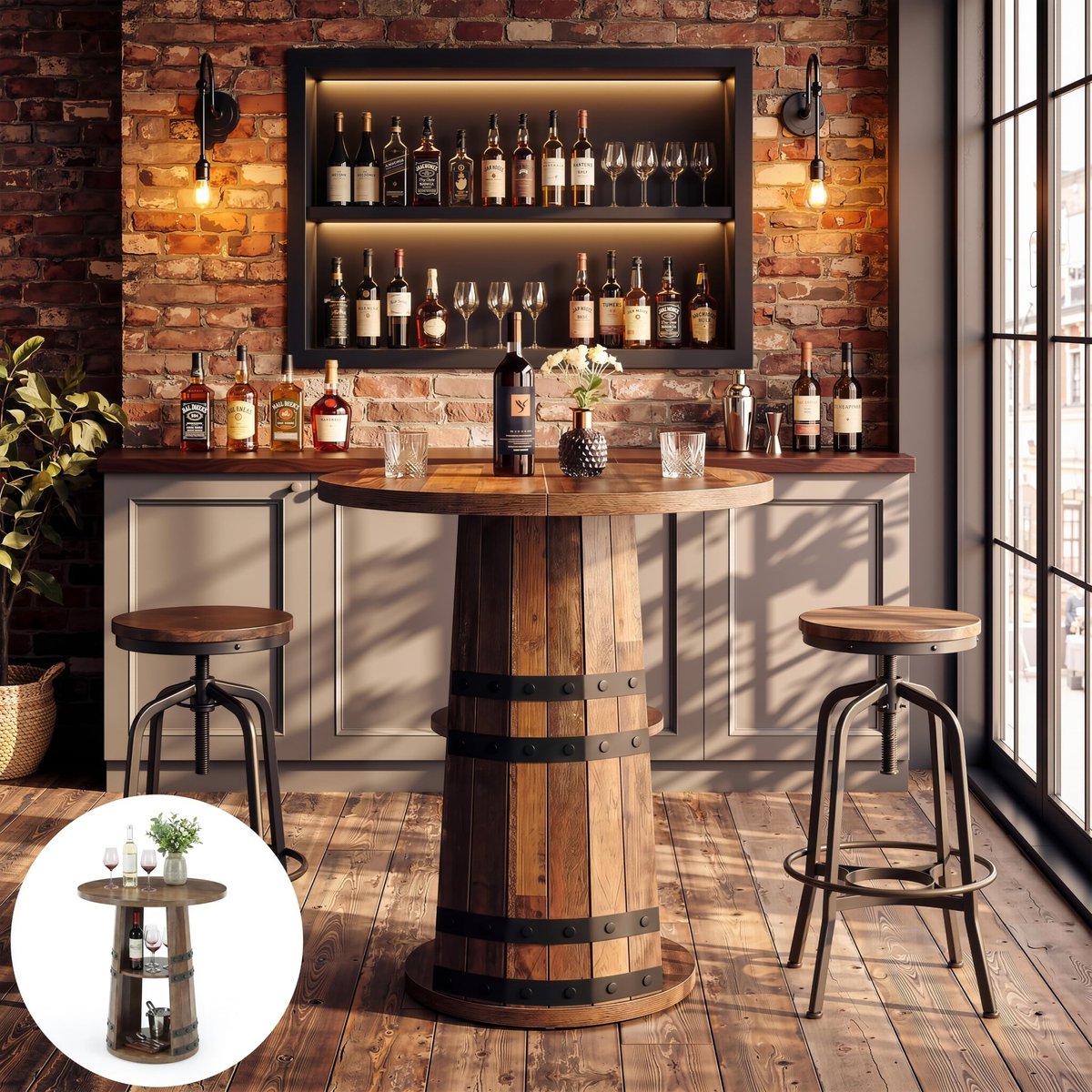 LITTLE TREE Industriële Pubtafel Rond - 80 x 80 x 91 cm hoog met 2 opberglagen - Voetstuk basis - voor kleine ruimtes thuisbar keuken - Bruin