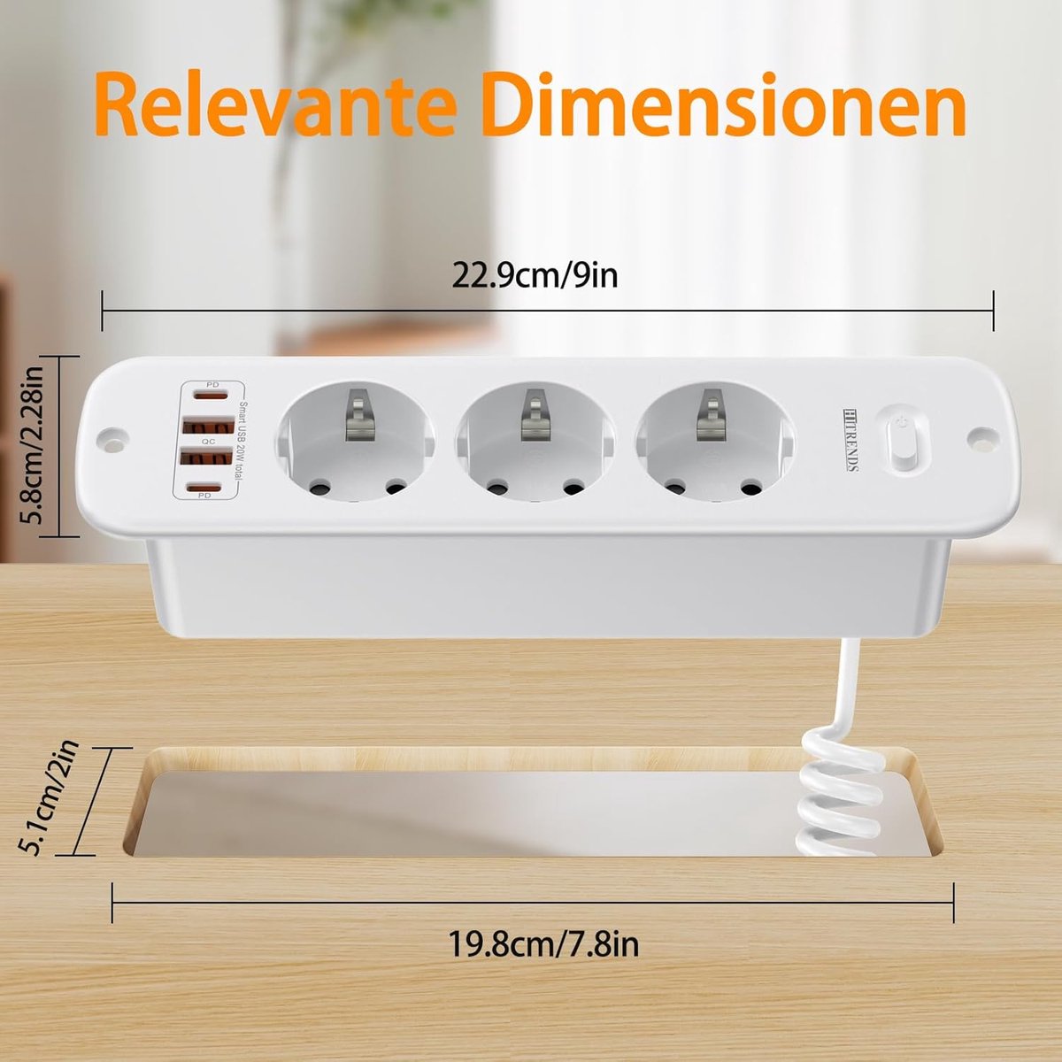 SnelShoppen - Flush-Mount Socket met 3 Schuko Stopcontacten en 4 USB Poorten, 2m Spiraalkabel, PD20W, 250V/16A, Ideaal voor Thuis, Kantoor en Keuken -