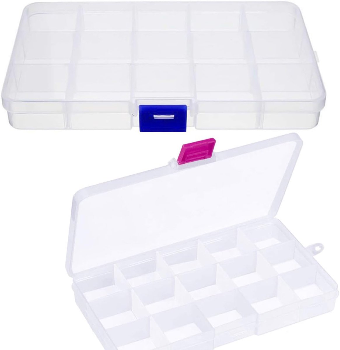 SnelShoppen - 2 x Transparante Plastic Opbergdozen met Verstelbare Compartimenten voor Sieraden, Oorbellen, Kleine Onderdelen, Lichtgewicht en Ruimteb