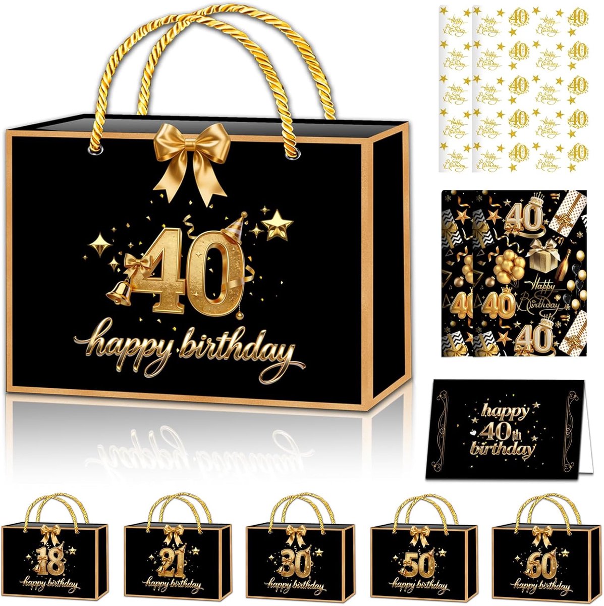 SnelShoppen - Luxe Zwart-Gouden 40ste Verjaardag Cadeauzak met Inpakpapier, Verjaardagskaart, Satijnlint en Decoratief Tissuepapier voor Vrouwelijke J