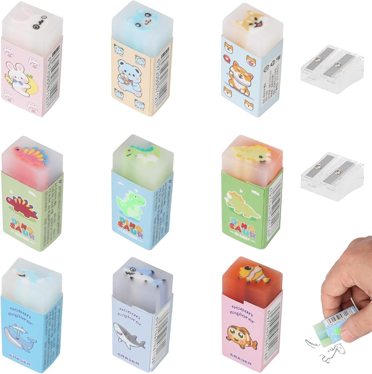 Thijox - 9 stuks schattige dinosaurus gummen voor kinderen, rechthoekige vlakgom, dierenpatroon, 4,5 cm, kantoorbenodigdheden, schrijf- en tekenmateri