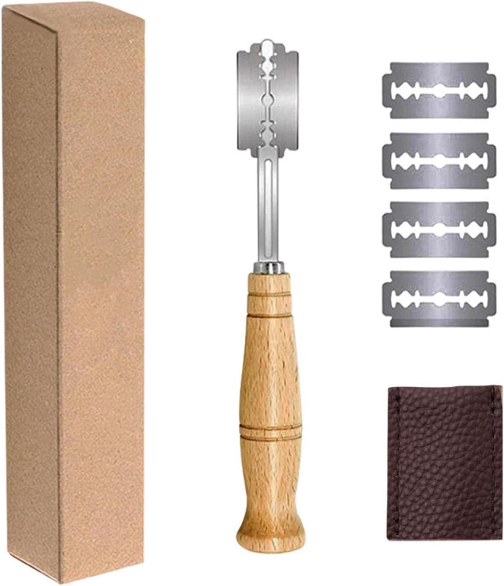 SnelShoppen - Bakkersmes, Broodmes, Deegmes, Brood Snijmes, Deegscheermes, Baguettemes, Brood Bakaccessoires - Set van 5 Messen met Leren Hoes voor Ke