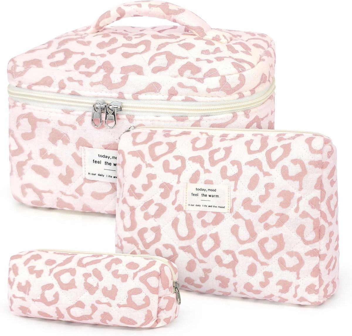 Thijox - 3-delige Schoonheidstas Set voor Dames - Roze Luipaard & Bloemenpatroon - Make-up Tas, Cosmetica Organizer, Reistas - Katoen met Bekleding, H