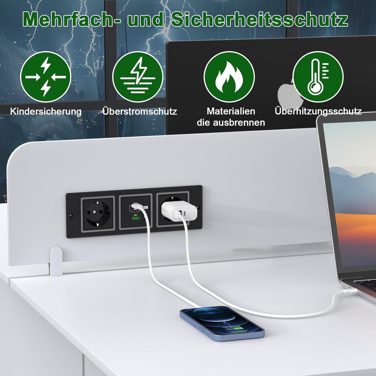 SnelShoppen - Ingebouwde Stekkerdoos met USB-C PD 65W, 2 USB-C en 1 USB-A Poorten, Voor Meubels zoals Bureau of Tafel, 1.8 m Kabel, Zwart