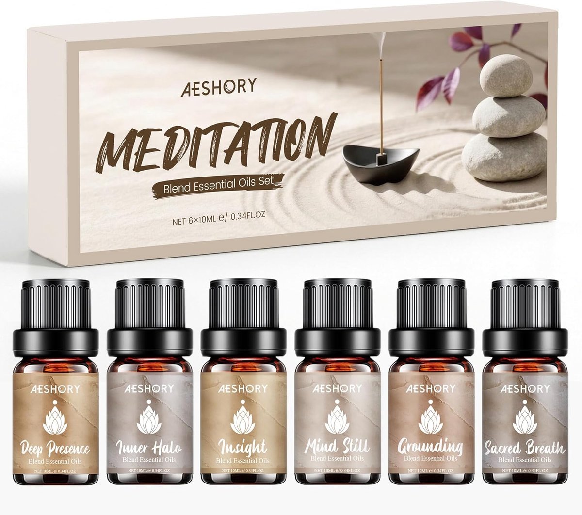 SnelShoppen - Essentiële Olie Set voor Meditatie 6x10ML - Aromatherapie Geuren voor Diffuser, Yoga, SPA, Ontspanning - Holy Breath, Silent Spirit, Inn