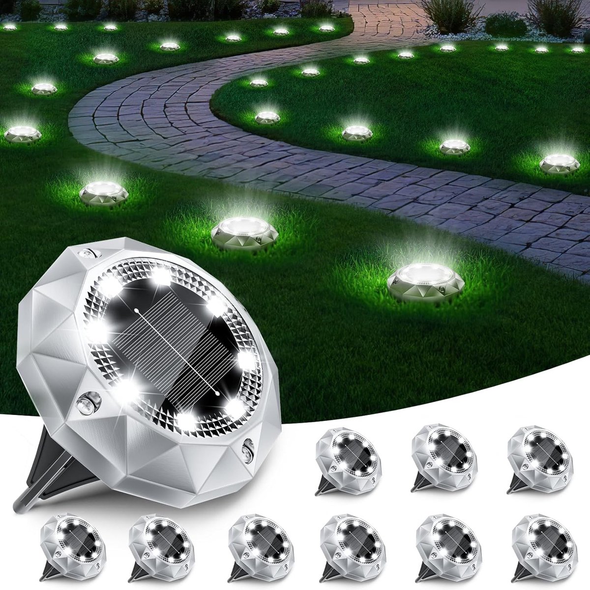 SnelShoppen - Set van 10 Solar Tuinverlichting Buiten Koud Wit LED Tuinlichten Waterdicht voor Tuin, Oprit, Patio en Lawn