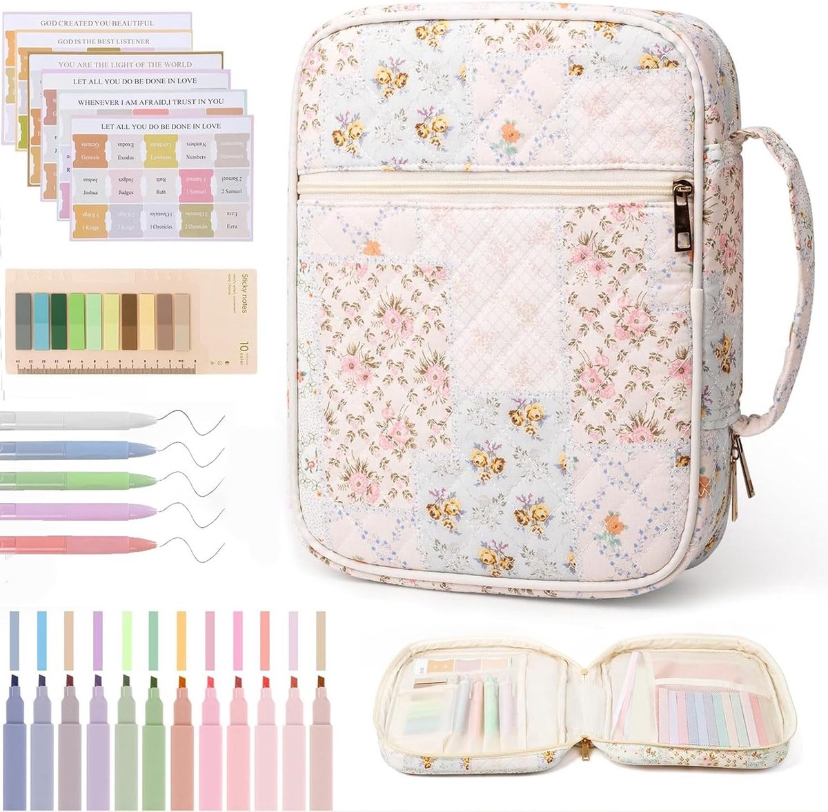 SnelShoppen - Bijbelhoes voor Vrouwen Groot met Organizer, Gestikte Bijbeltas Bloemenpatroon & Stevige Handvatten, Bijbel Journal Kit incl. Markers &