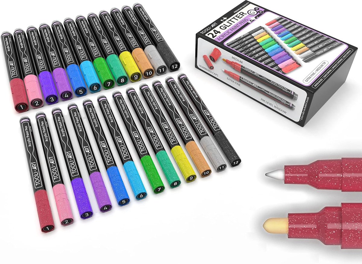SnelShoppen - 24-Piece Acrylic Marker Pens Set voor Stenen, Plastic, Canvas, Glazen - Water-Based, Opaque, Sneldrogend met Glitters - 12 Extra-fijne e