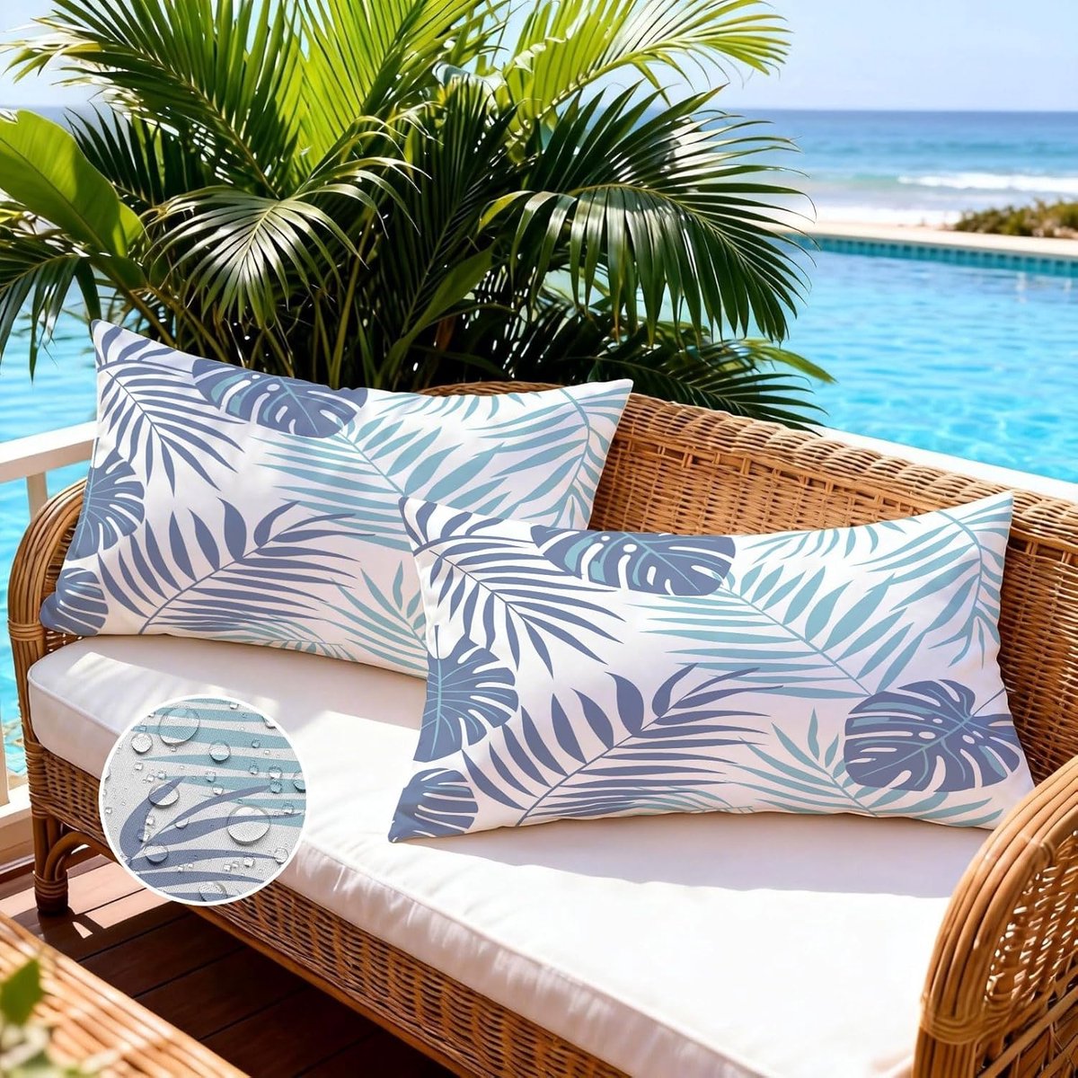 SnelShoppen - Set van 2 Waterdichte Kussenhoezen Blauw 50 x 30 cm met Tropische Bladeren voor Buiten, Decoratieve Kussenhoezen voor Tuin en Woonkamer