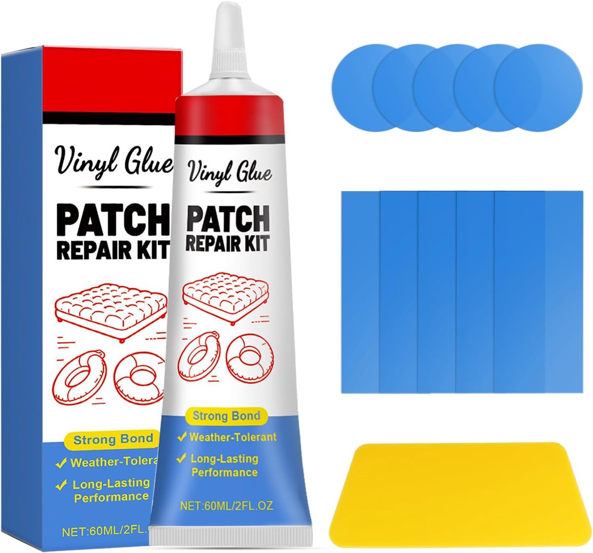SnelShoppen - Reparatieset voor Luchtmatrassen, 5 Ronde en 5 Rechthoekige Patches, Waterdichte Lijm, Inclusief Gele Schraper, Voor Tenten, Zwemringen,