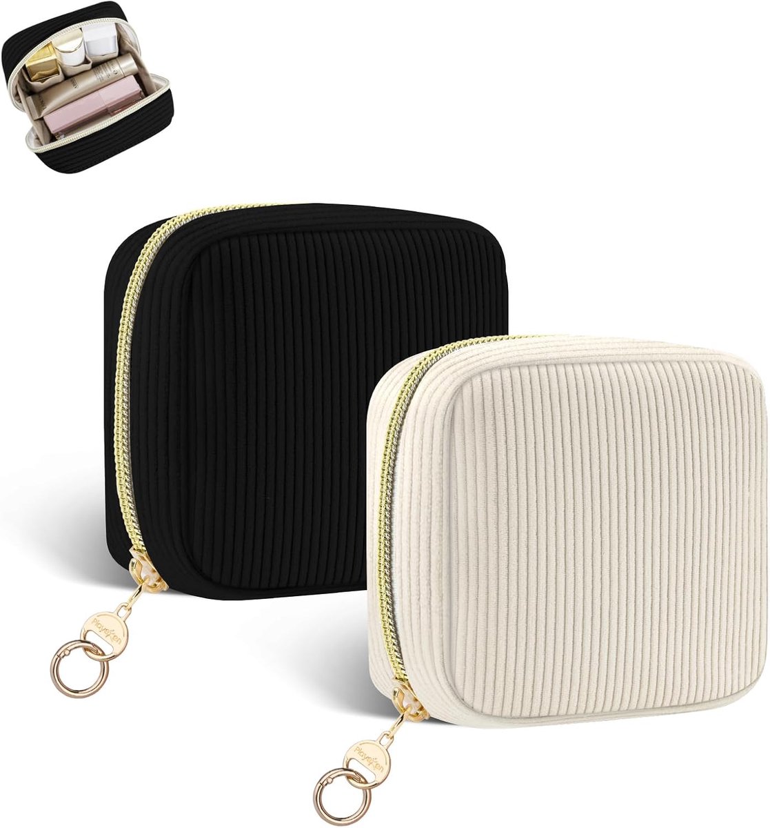 SnelShoppen - Pack van 2 Cosmetica Tassen, 10 x 10 x 5 cm, Kleine Make-up Organizer, Toilettas met Rits, Zwart en Beige, Perfect voor Handtas, Reizen