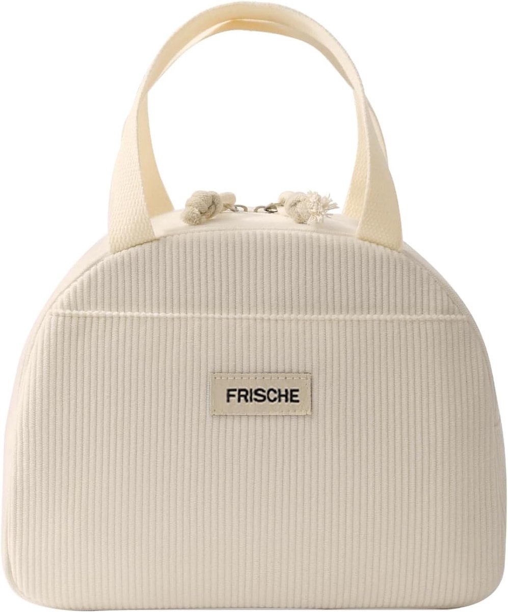 SnelShoppen - Geïsoleerde Lunch Tas voor Dames - Corduroy Koeltas voor Werk, School, Picknick - Beige Letters, Perfect voor Girls, Duurzaam en Stijlvo