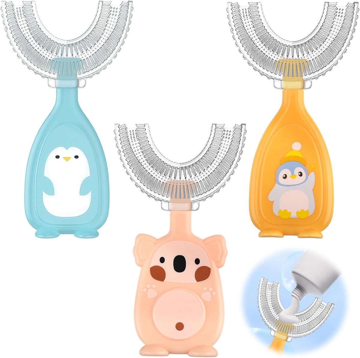 SnelShoppen - 3 Pack U-Vormige Tandenborstel voor Kinderen 2-6 Jaar - Zachte Siliconen Borstels, 360° Mondreiniging, Gemakkelijk Vast te Houden, Mix K