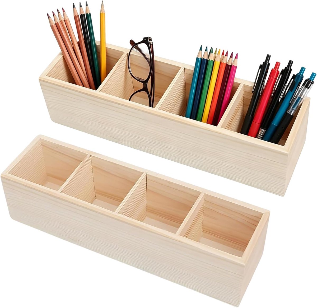 SnelShoppen - 2 Stuks Houten Pennenhouders met 4 Vakken, Vierkant, 30,5 x 8,3 x 7,5 cm, Pennenkoker Bureau Organizer voor Kantoor, School en Thuis