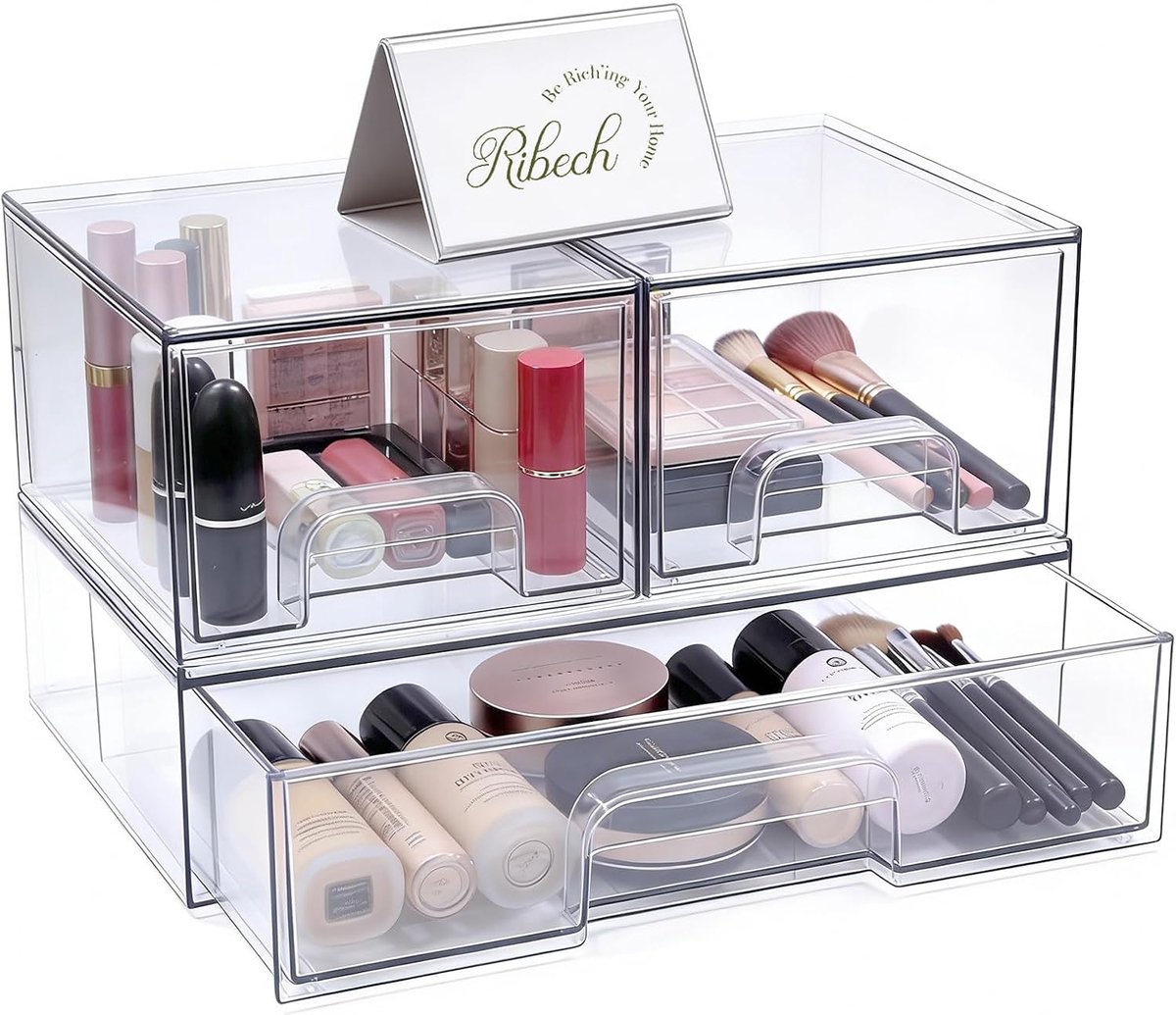 SnelShoppen - 3-Pack Transparante Opbergdozen met Laden en Antislip Onderkant - Stapelbare Organizer voor Badkamer, Make-up Tafel en Bureau - Ruimtebe