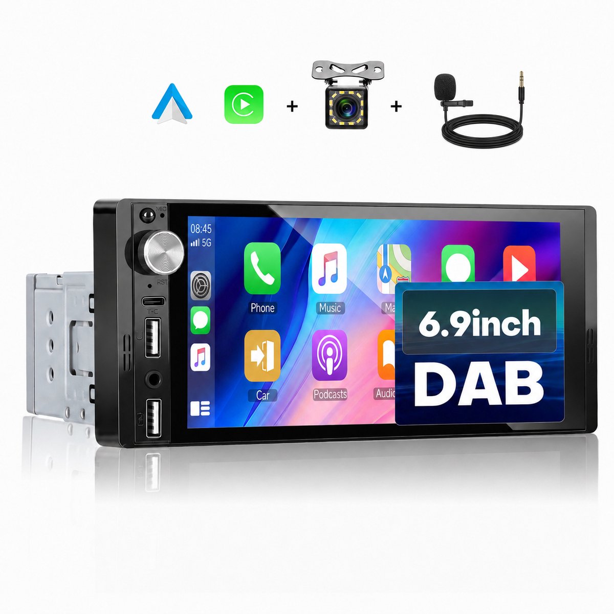 Boscer 1 Din Autoradio met Ingebouwde DAB+ - Draadloos Apple CarPlay & Android Auto - 6.9 Inch Scherm - Bluetooth, FM/AM Radio (RDS) - USB & USB-C - ISO Universeel - Achteruitrijcamera & Microfoon