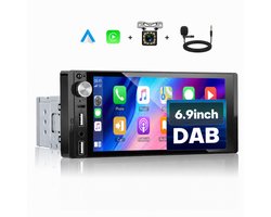 Boscer 1 Din Autoradio met Ingebouwde DAB+ - Draadloos Apple CarPlay & Android Auto - 6.9 Inch Scherm - Bluetooth, FM/AM Radio (RDS) - USB & USB-C - ISO Universeel - Achteruitrijcamera & Microfoon