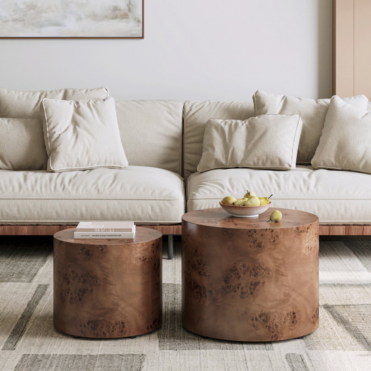 STILVORA Salontafel Set Van 2 - Ronde Nesttafels Voor Woonkamer En Slaapkamer - Burlfineer En MDF - Donkerbruin - 92x92x38 Cm