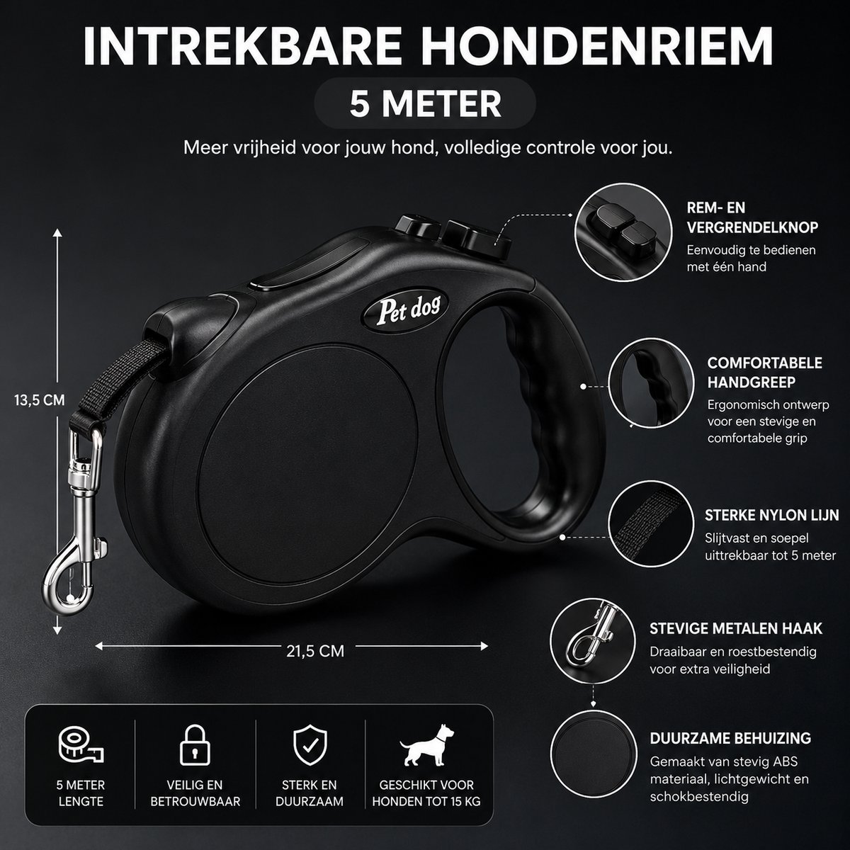 NAKA Home Intrekbare Hondenriem 5 Meter Zwart - Rollijn Hond thumbnail 6