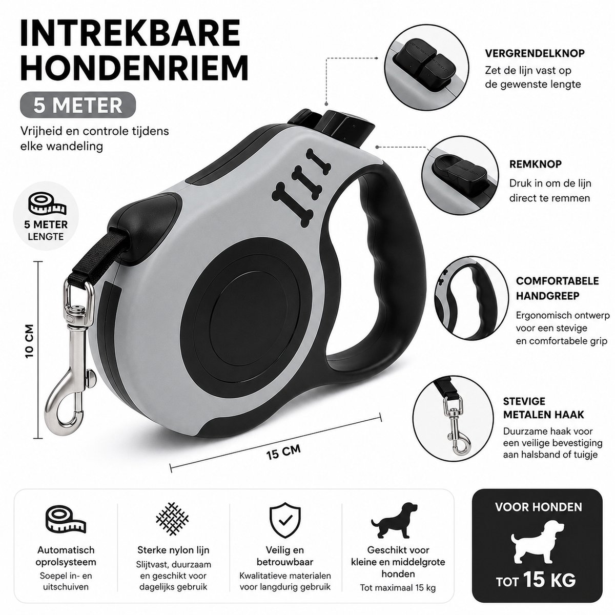 NAKA Home Intrekbare Hondenriem 5 Meter Grijs - Rollijn Hond thumbnail 2