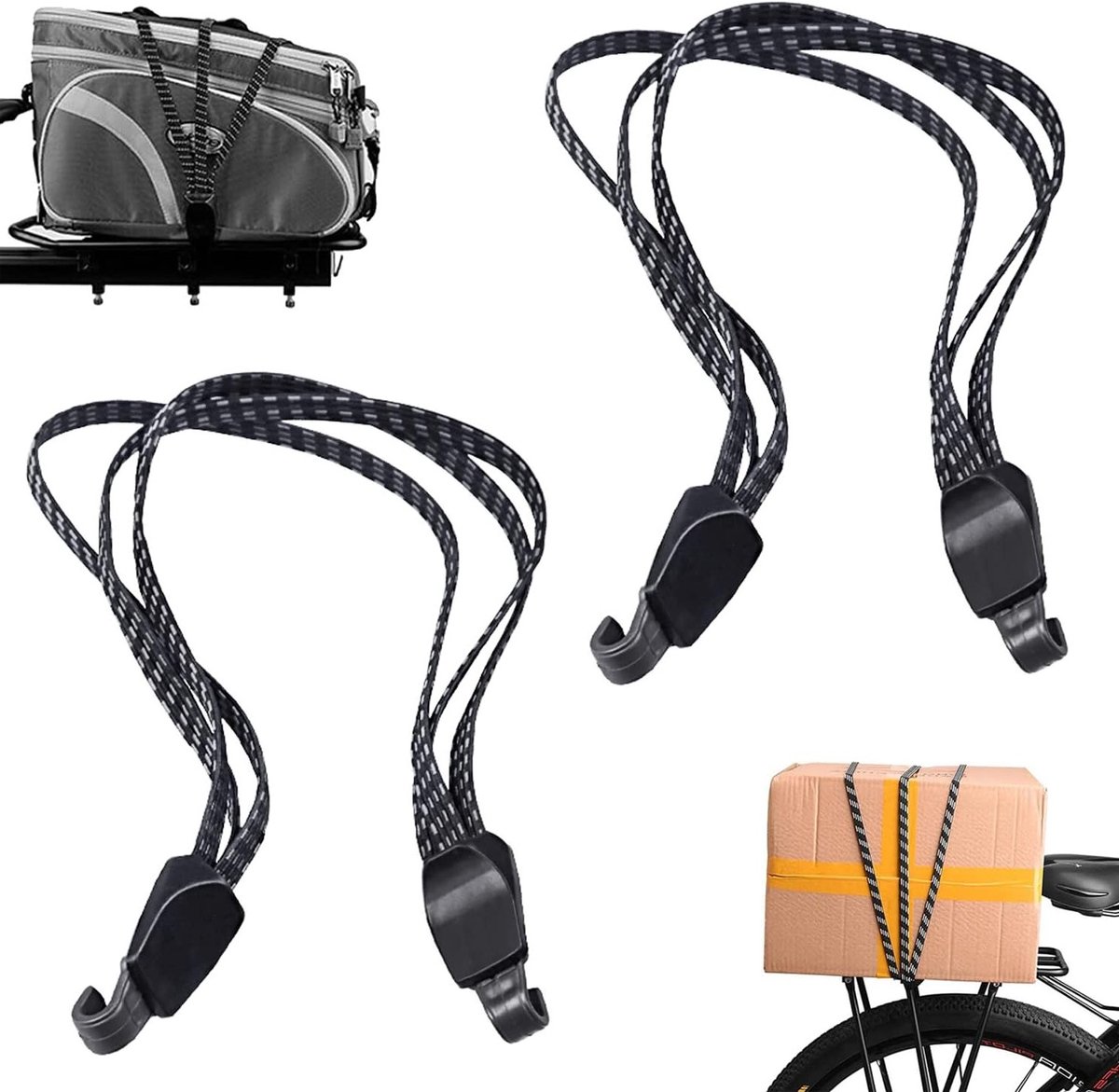 Set van 2 platte bevestigingshaken, elastische fietsbanden van 68 cm, ideaal voor het veilig vervoeren en vastzetten van ladingen, zwart