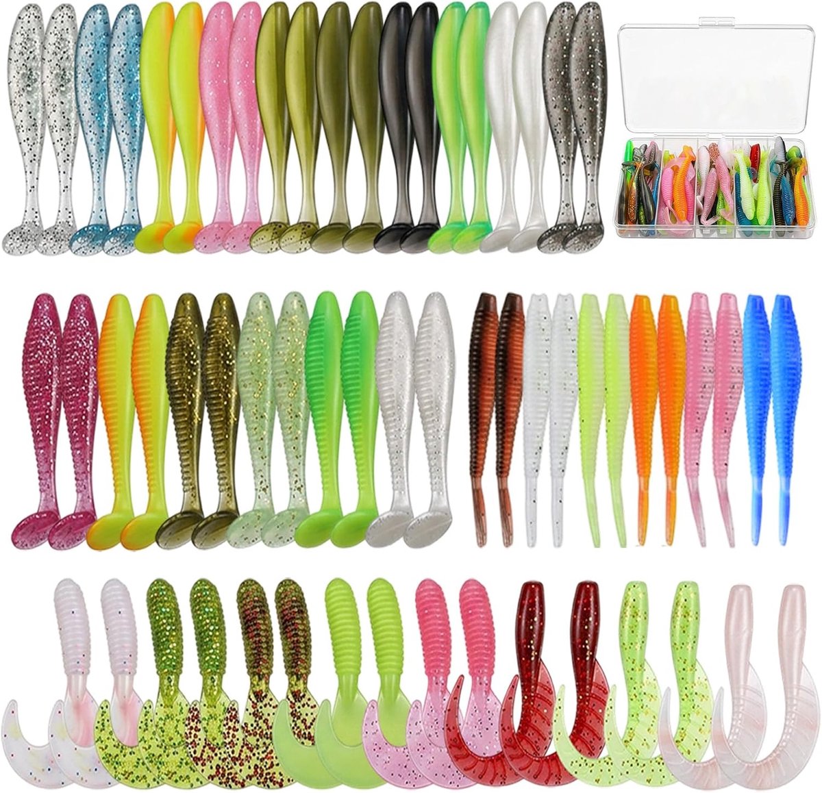 SnelShoppen - 60 Rubberen Vis Aas Set, Swimbaits voor Forel, Snoek, Baars en Snoekbaars, Hoogwaardig Kunststof, Peddelstaart, Diverse Kleuren, 6-7,5 c