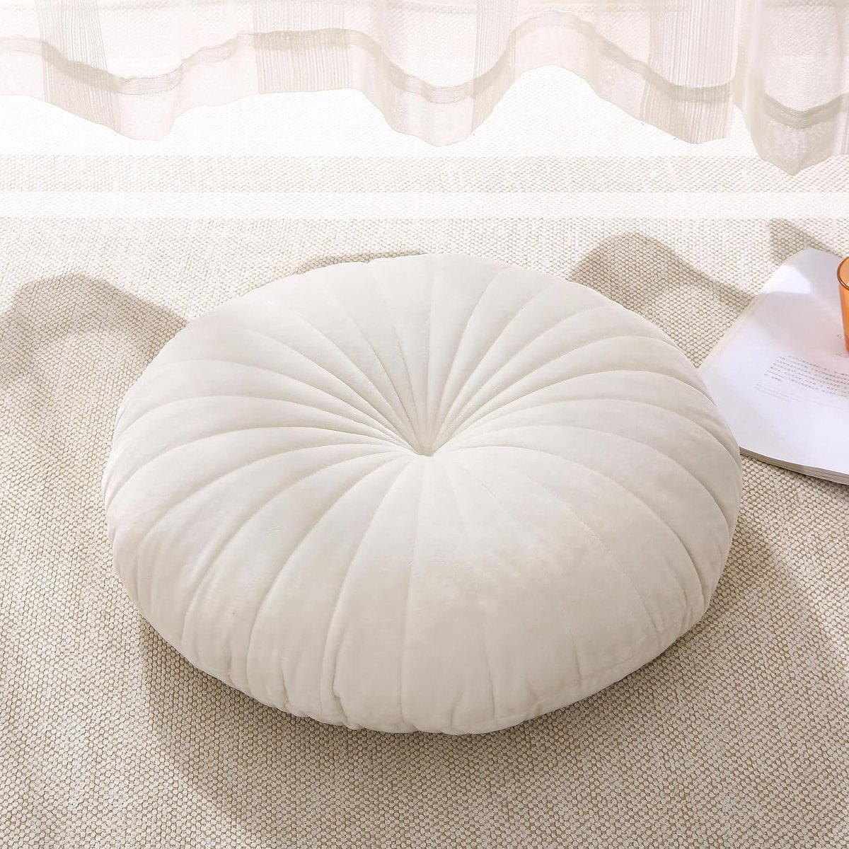 SnelShoppen - Bodenkussen & Meditationskussen Rond, Groot Dik Zitkussen voor Volwassenen, Samt Yoga Bodenkussen 45,7 cm (Beige) voor Thuis, Meditatie