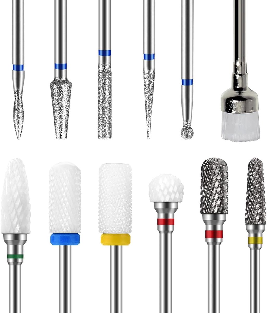 SnelShoppen - 12-delige Nagelboor Set met 2 Stuks Wolframcarbide, 4 Stuks Keramische en 5 Stuks Diamant Bits, Inclusief Borstel, 3/32 Inch Nagelbits v