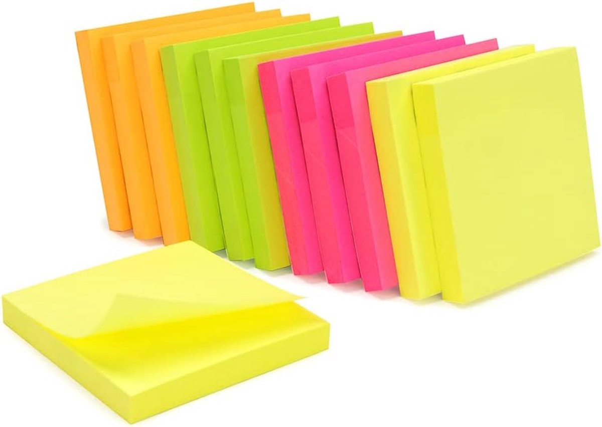 SnelShoppen - 1200 Zelfklevende Notitieblokken - Herbruikbare Neon Kleurige Notities - 12 Blokken van 100 Vel - 75 x 75 mm - Geel, Oranje, Roze, Groen