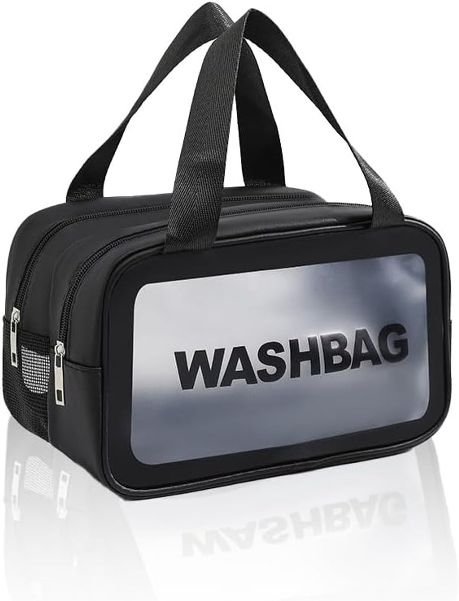 SnelShoppen - Toilettas voor Vrouwen, Transparante Toilettas, Waterdichte Toilettas, Droog en Vochtig Scheiding, Medium Zwart (26x16x15 cm) voor Reize
