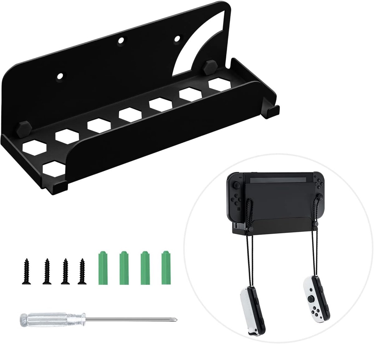 SnelShoppen - Wandbeugel voor Switch OLED/NS Switch - Wandmontage - Muurbeugel met haakjes voor Joycon controllers - Zwart - Ruimtebesparend
