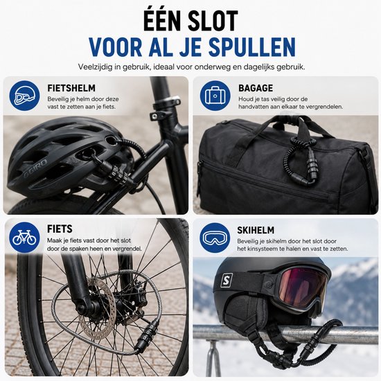 Kabelslot 150 cm - Fietsslot Cijferslot Uittrekbaar - Kofferslot - Reisslot - Skislot - Helmslot - Spiraalslot - Zwart — afbeelding 3