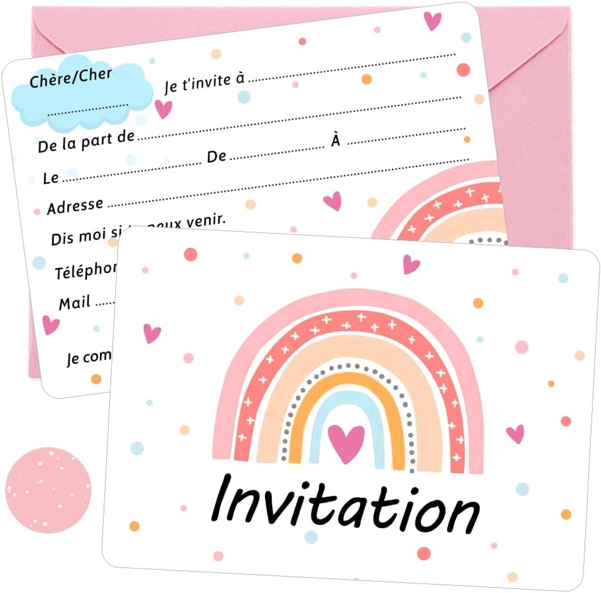 SnelShoppen - 12 Regenboog Uitnodigingskaarten met 12 Roze Enveloppen en 48 Stickers - Perfect voor Verjaardagsfeest, Babyshower of Bruiloft