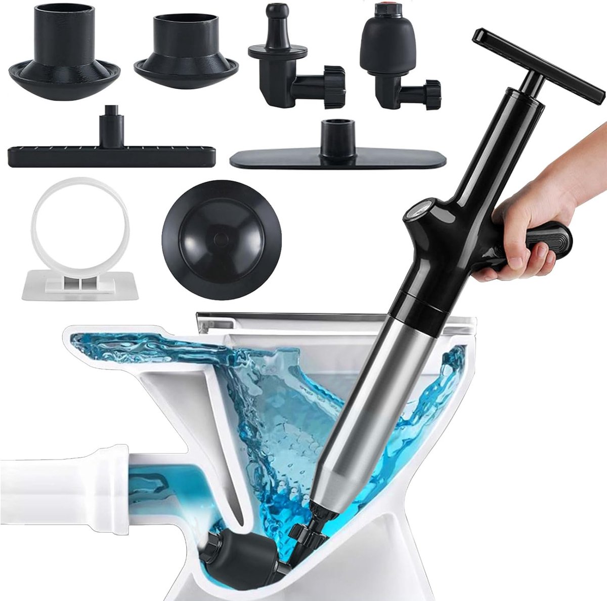 SnelShoppen - Pneumatische Ontstopper 8 Bar met 4 Zuigkappen - Professionele Ontstopper voor Toilet, Keuken, Badkamer & Douche | RVS Pompdrukmeter Zon