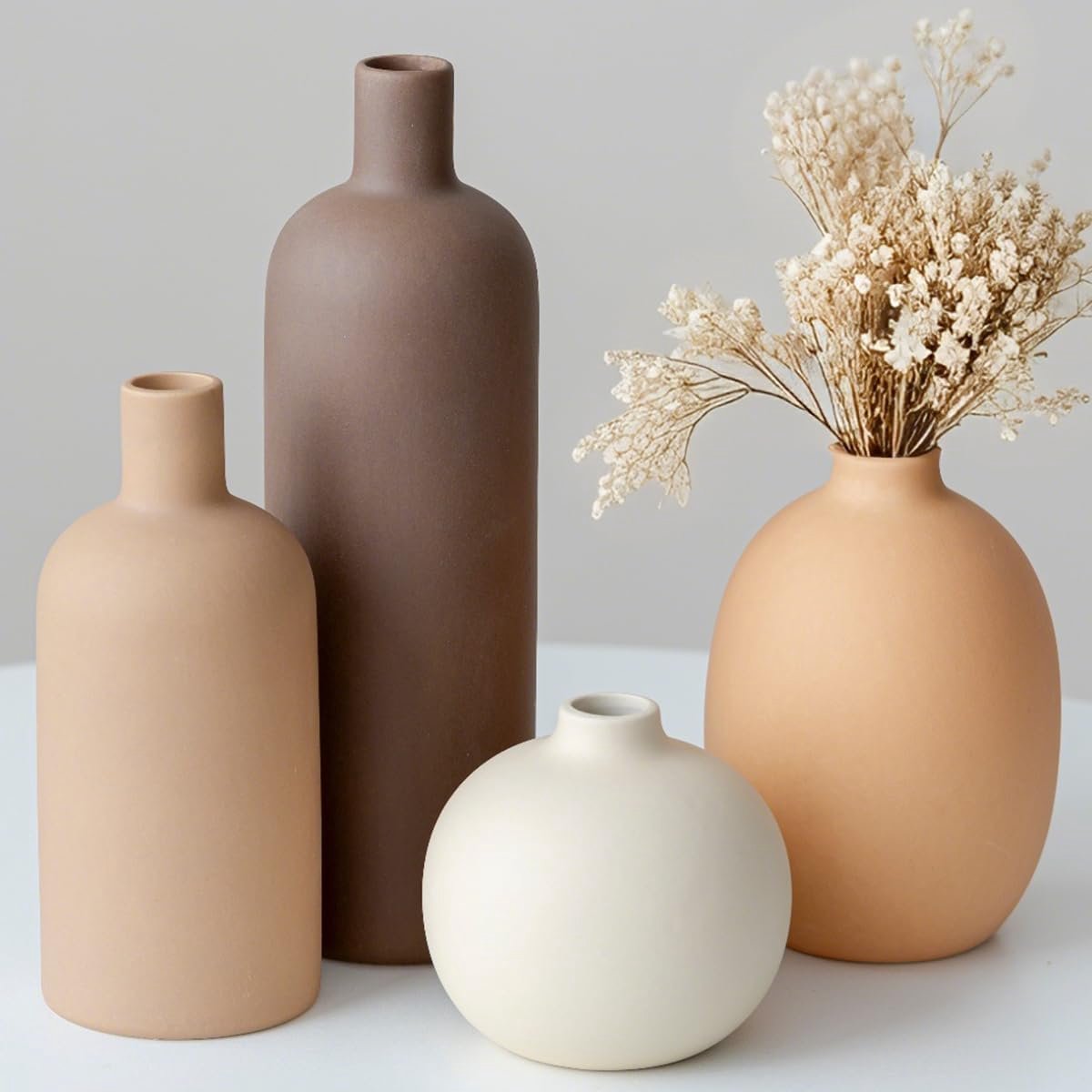 SnelShoppen - Modern Vaas Set 4-delig, Keramiek, Morandi Kleuren, Minimalistische Tafel Decoratie, Neutrale Boho Scandinavische Vazen voor Woonkamer,
