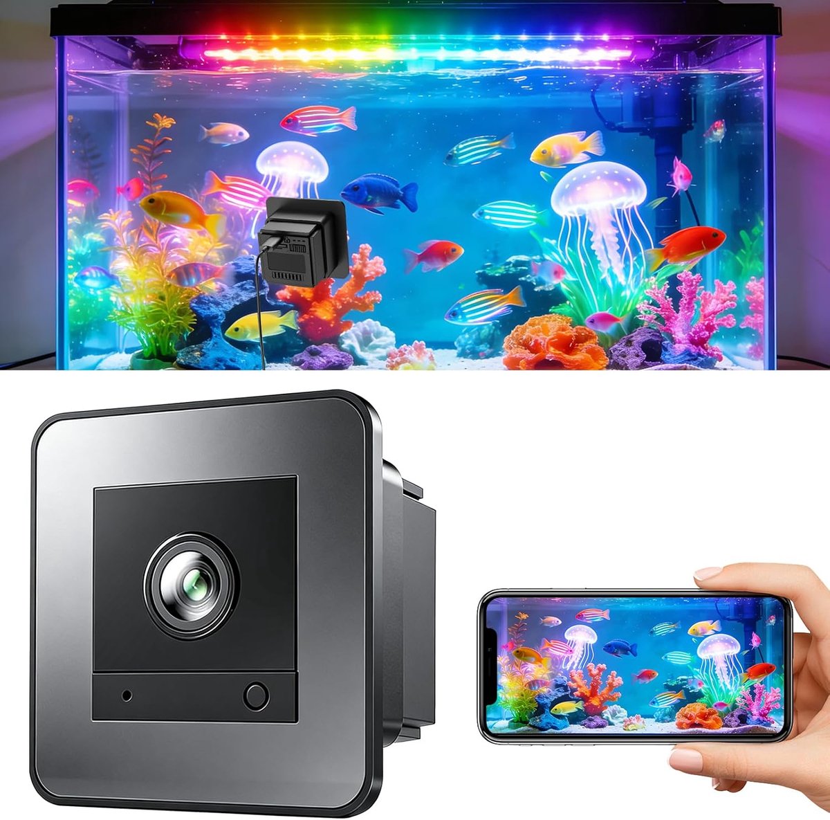 SnelShoppen - Aquarium Camera 2K HD, WiFi Terrarium Camera, 140° Hoek, Nachtzicht, 24 Uur Opname voor Vissen en Reptielen
