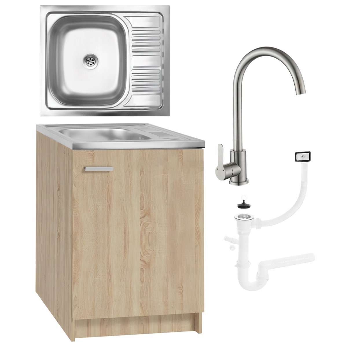 STAMAR Keukenonderkast 60 cm met 1-baks RVS spoelbak, hoge keukenkraan en sifon - sonoma eiken Eik Sonoma