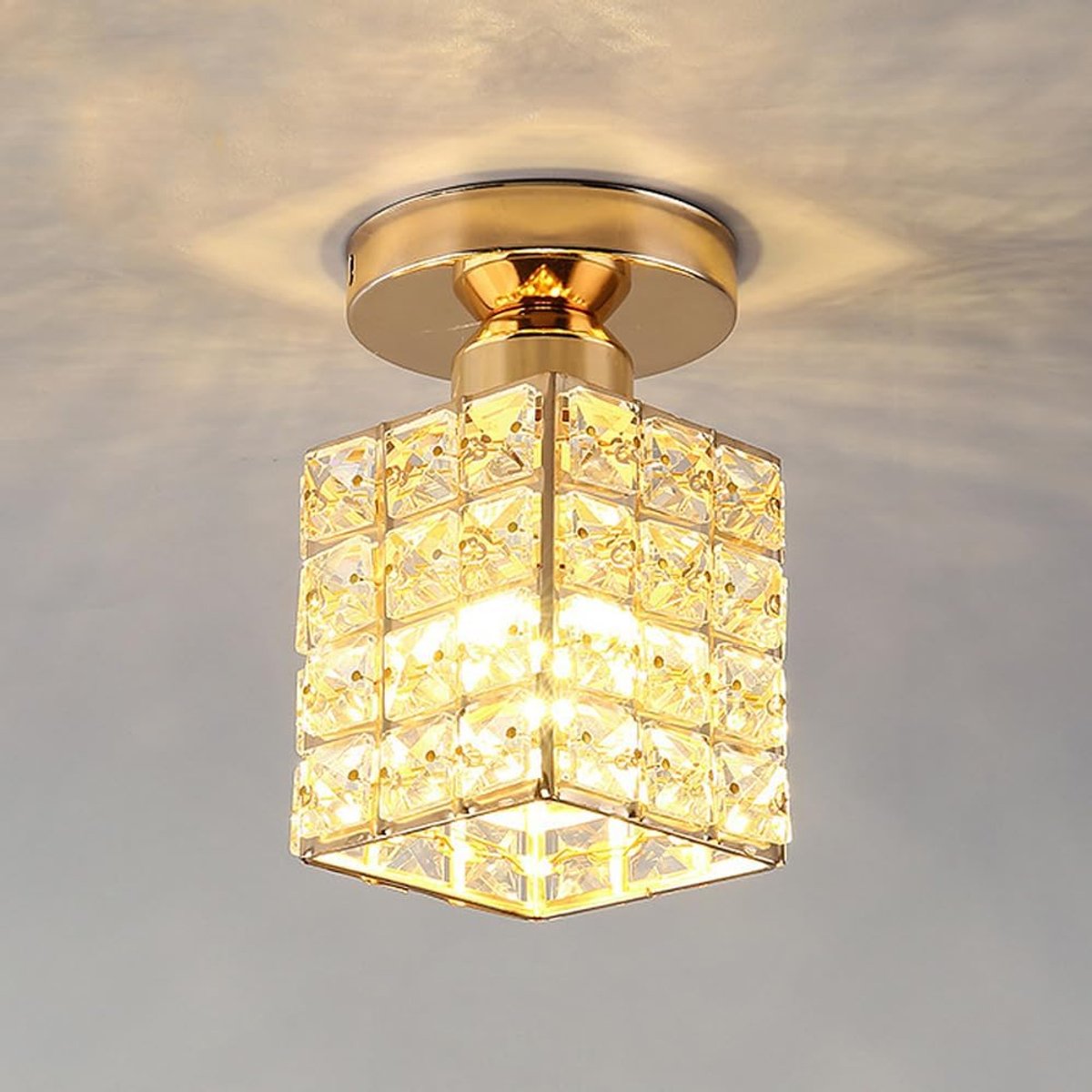 KZQ Mini Kristallen Plafondlamp - 17cm - Vierkant Met Kleine Kristallen - E27 Fitting - Dimbaar - Voor Hal Slaapkamer En Woonkamer