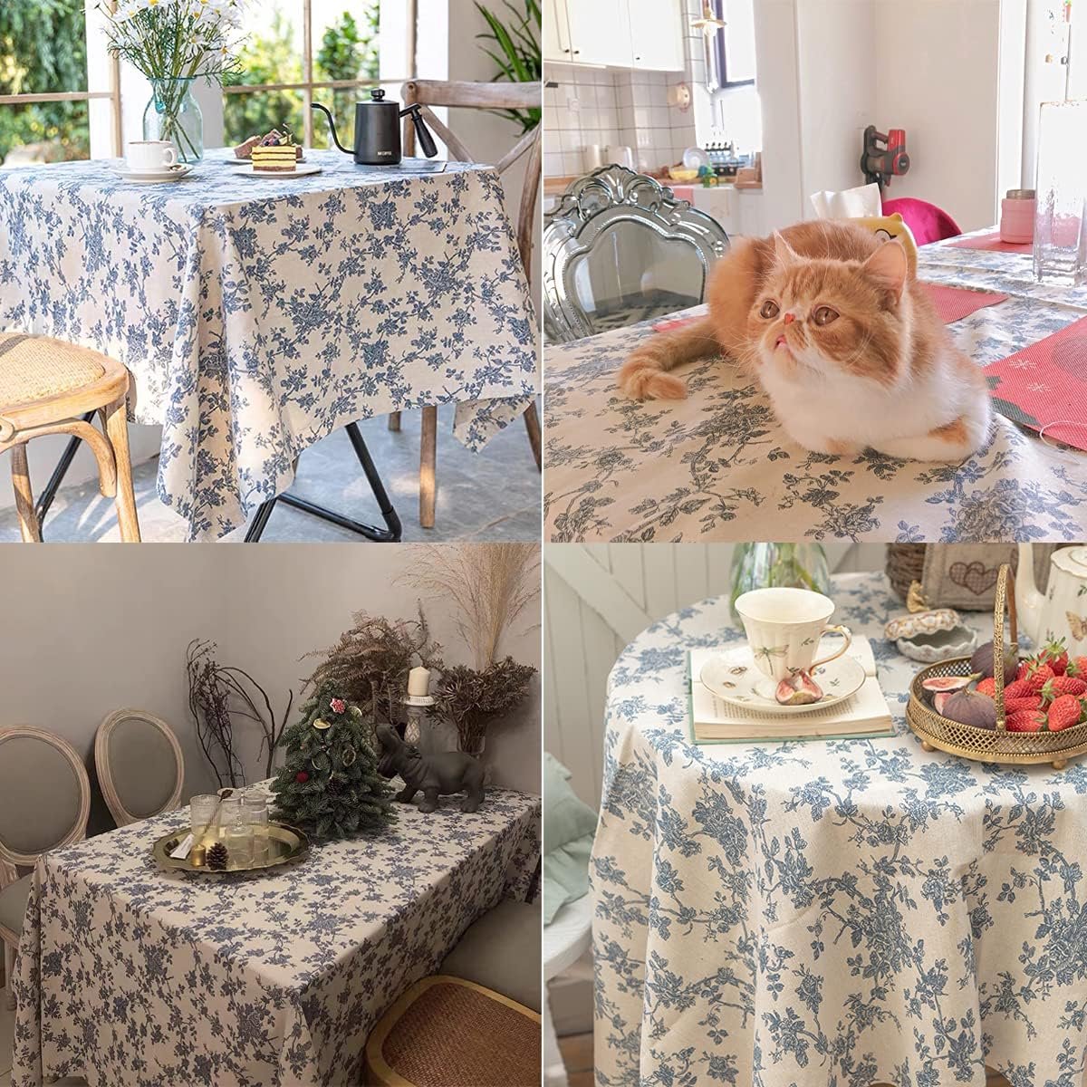 SnelShoppen - Vintage 140cm Ronde Tafelkleed Bloemenprint - Wasbaar Tafelkleed Katoen Linnen - Perfect voor Binnen Buiten, Tuin, Picknick en Feestjes