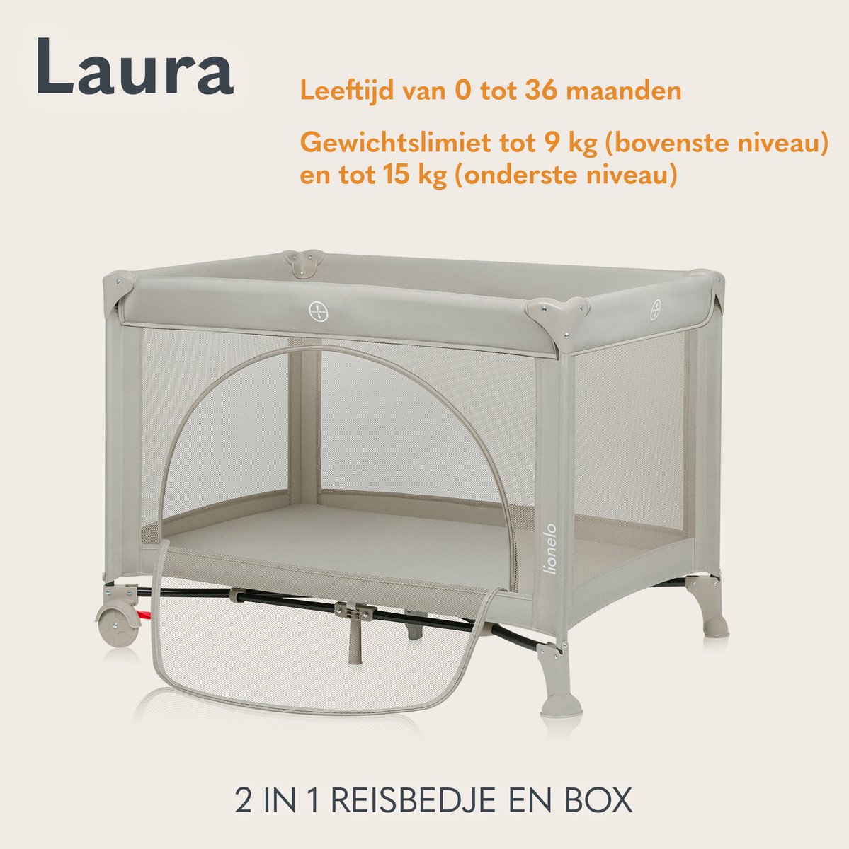 Lionelo Laura Campingbedje 2in1 – Reisbedje & Babybedje – 0-36 Maanden – 2 Matrasniveaus – Compact & Lichtgewicht – Schuimmatras – 2 Wielen met Rem – Mesh Zijpanelen – Zij-ingang – Opbergvak – Inclusief Draagtas – foto 6