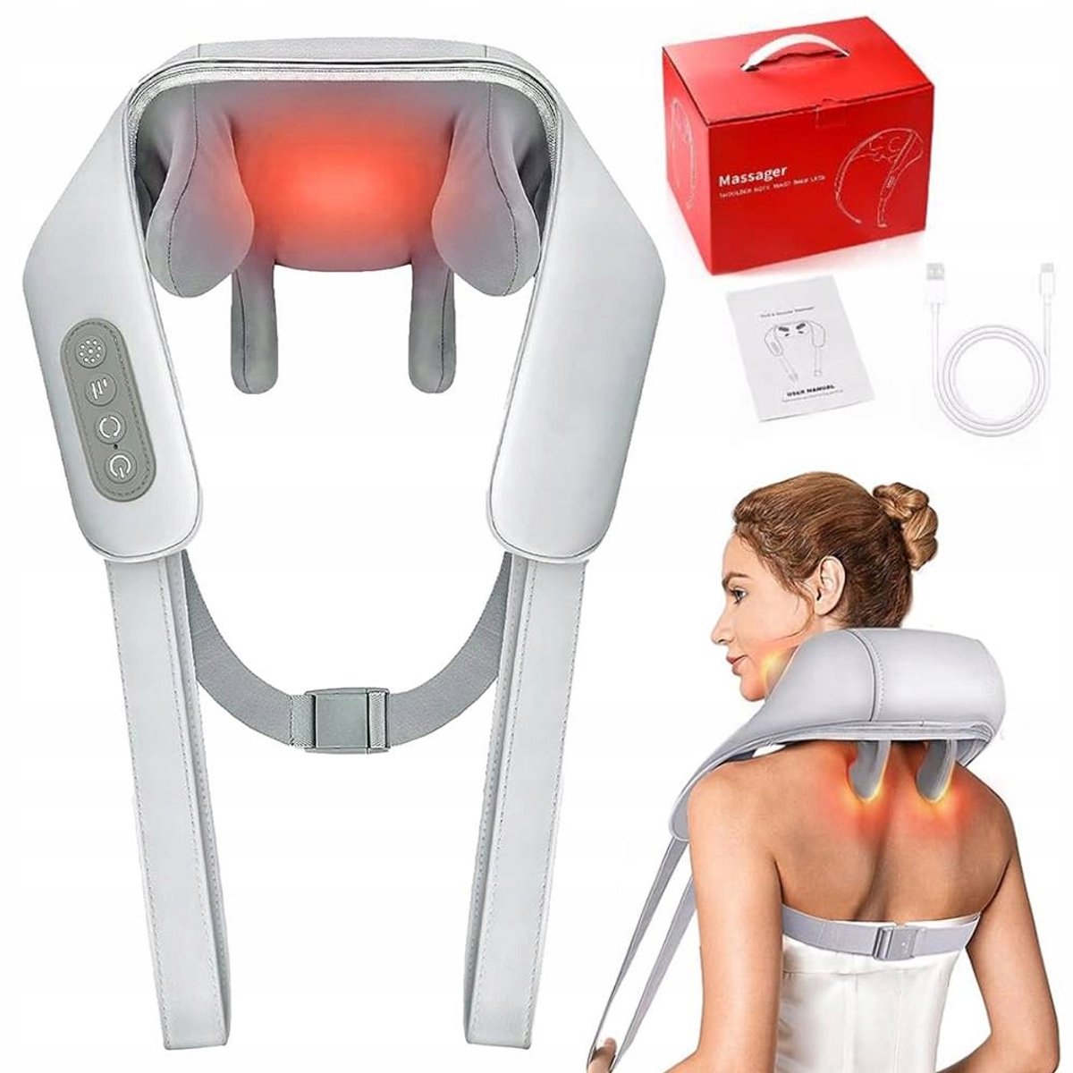 Nekmassage Apparaat - Draadloos Massagekussen - Human Feel - 360° Massagebal - 3 Intensiteiten - 2 Verwarmingsniveaus - Massage Apparaten - Voor Thuis en Kantoor