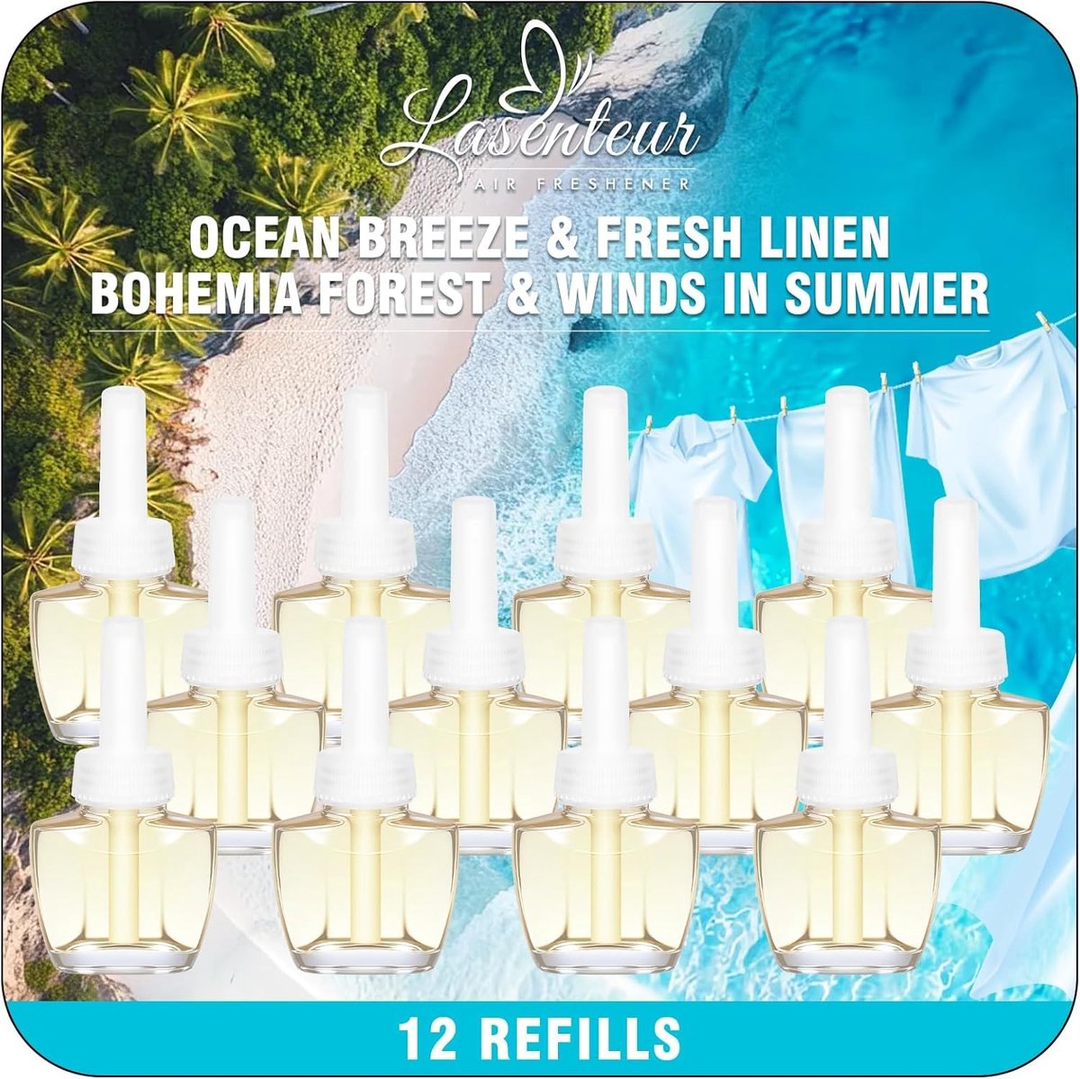 SnelShoppen - Geurstekker Navulling 12 x 19 ml, Luchtverfrisser voor Stopcontact, Compatibel met Air Wick en Glade, Zeebries, Frisse Linnen, Bosnoten,
