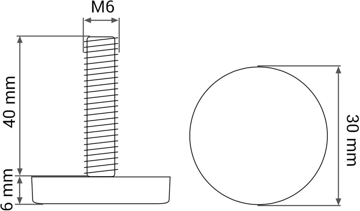 SnelShoppen - Set van 8 Verstelbare Meubelvoetjes, M6 x 40 mm, Rond, 30 mm Diameter, Met Moeren, Geschikt voor Kantoor- en Salontafels