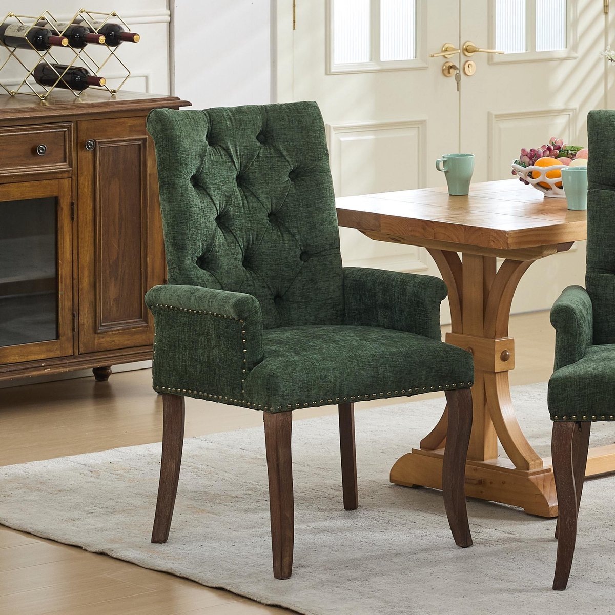 Pugsdrly Gestoofde chenille accent-eetkamerstoel, gebogen massief houten poten, elegante gecapitonneerde club-eetkamerstoel met armleuningen voor eetkamer en keuken, per stuk, olijfgroen, DE1895OL
