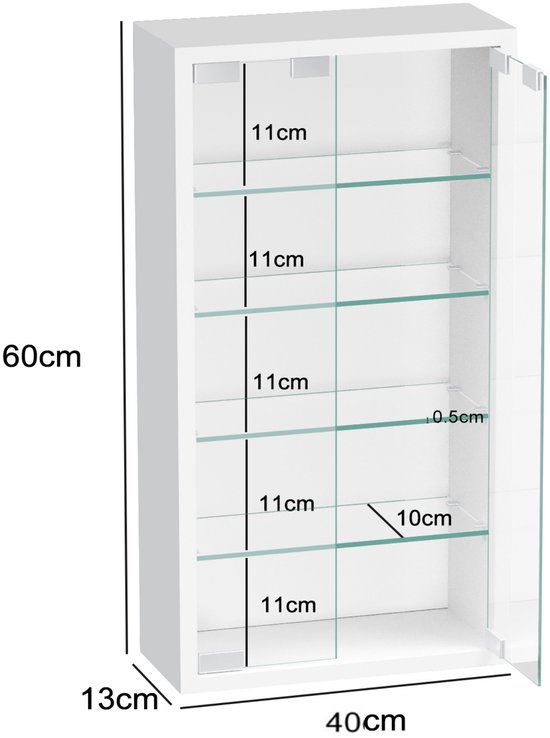 Witte vitrinekast met afmetingen 40x60x13 cm, met 6 glazen planken van 11 cm diep.