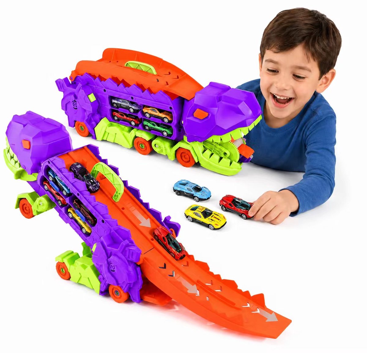 BOTC Dinosaurus Vrachtwagen met Racebaan - 4-in-1 T-Rex Transporttruck - Dubbele Autobaan met 12 Metalen Raceauto’s - Speelgoed vanaf 3 Jaar - Paars