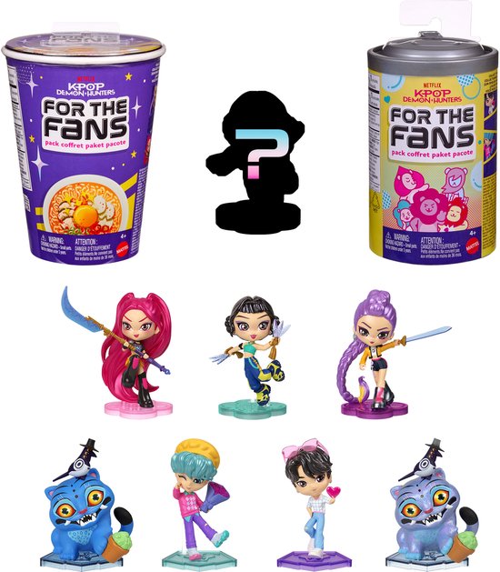 K-pop Demon Hunters verpakkingen en verzamelbare figuurtjes, inclusief een mannelijk figuur met blauw haar.