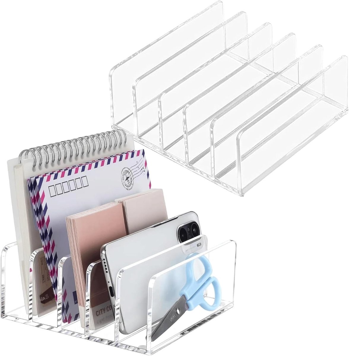 Set van 2 Acryl Briefhouders, 12,2 x 12,2 x 5,3 cm, Organiser met 5 Compartimenten, Verticale Bureau Organizer voor Kantoor en Documenten
