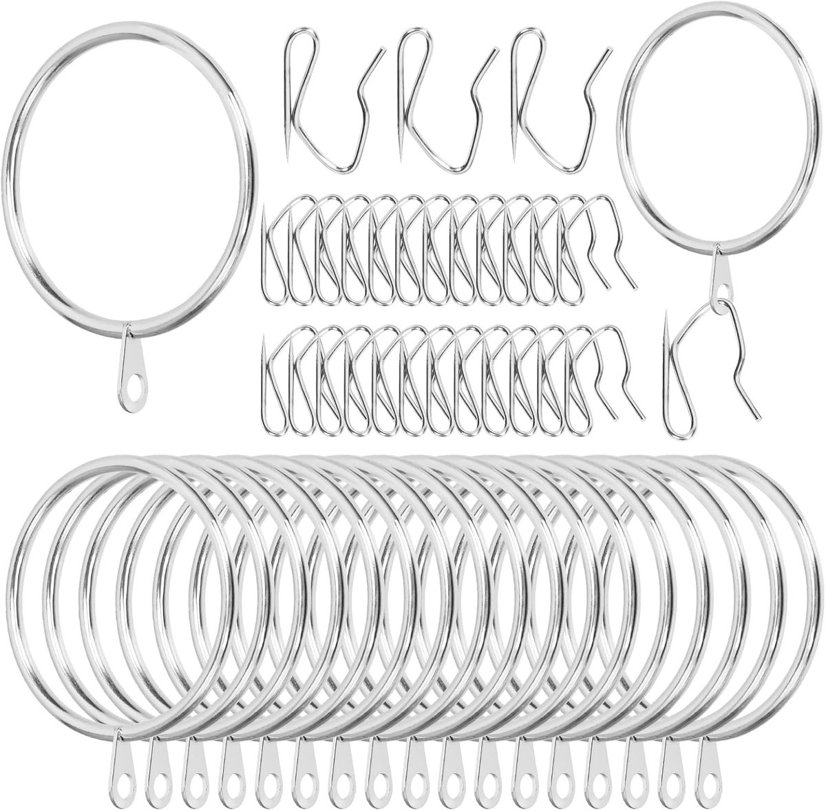 SnelShoppen - 60Pcs 50mm/2" Zilveren Metalen Gordijnringen met Pin-on Drapery Hooks - Drape Sliding Eyelet Ring Assortiment - Voor Raam, Deur & Douche